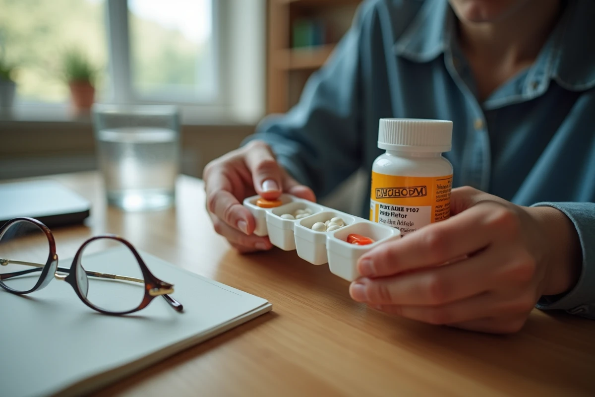 Mains d’un jeune adulte manipulant un organisateur de medicaments