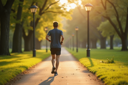 Personne marche dans un parc urbain ensoleille avec tracker fitness