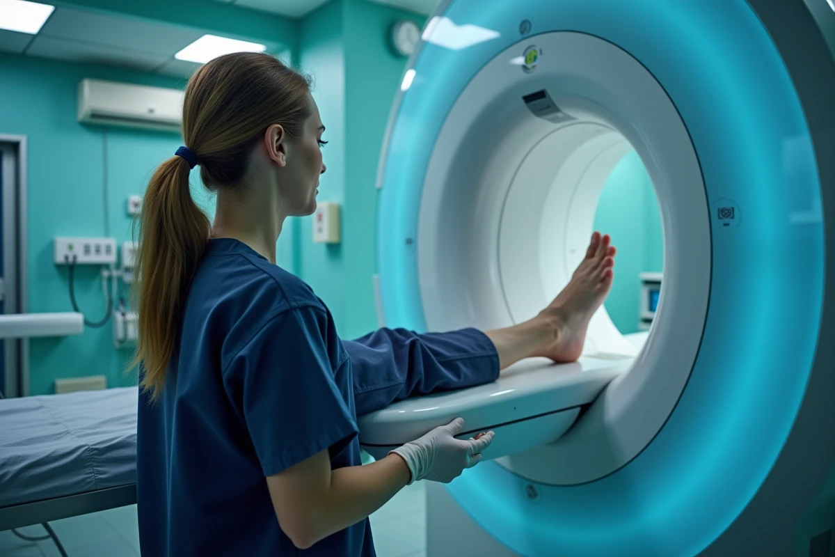 Technicienne en radiologie positionnant le pied d'un patient dans un appareil radiographique pour diagnostic de douleur
