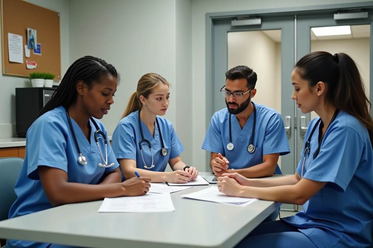 Groupe de professionnels de santé discutant en salle de pause