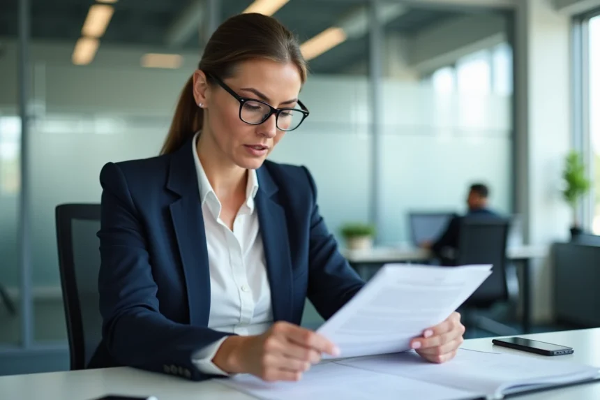 Responsable RH féminine en blazer marine consultant un document officiel sur le Tableau 57 maladie professionnelle dos à son bureau en entreprise
