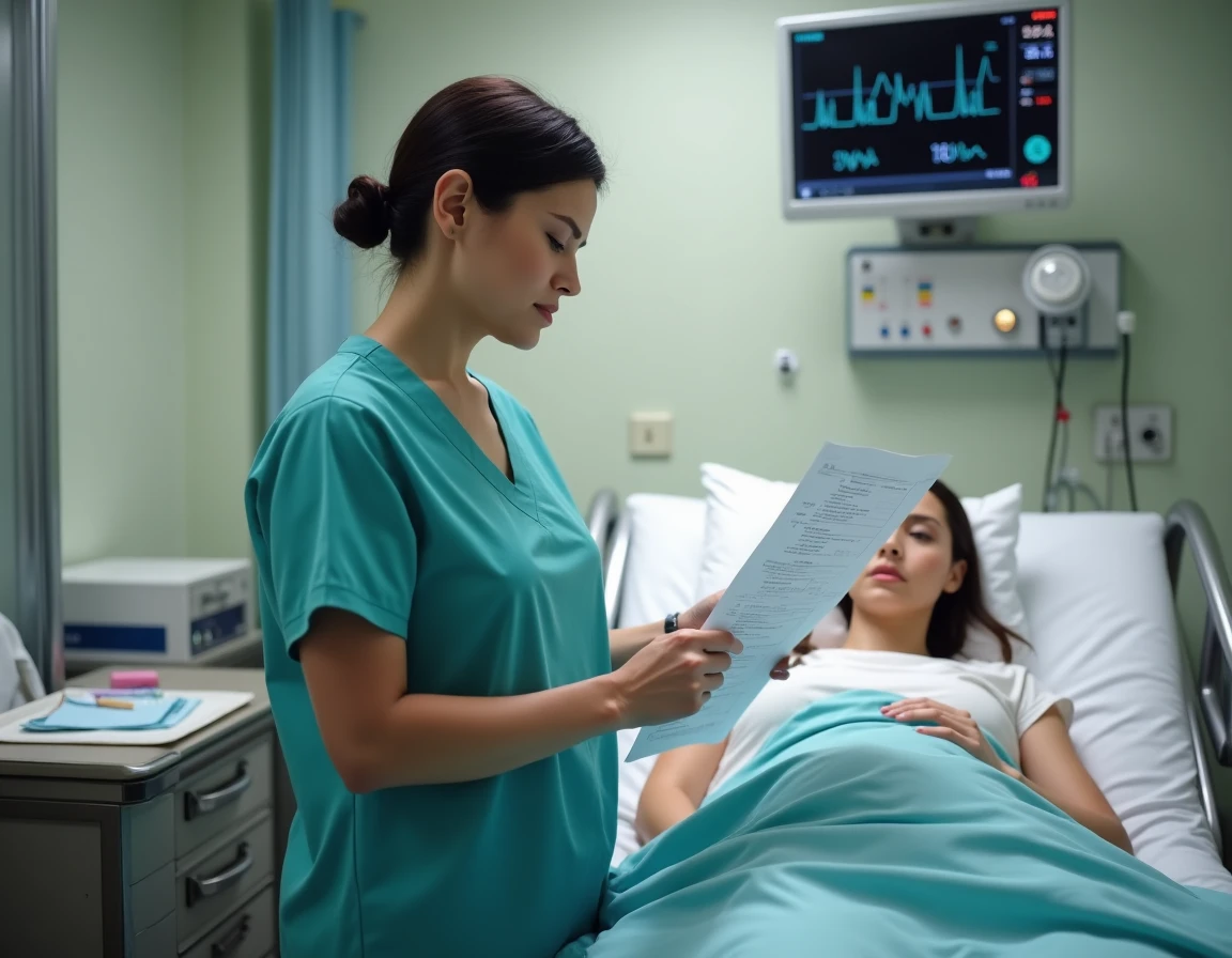 Sage-femme en salle d'accouchement consultant le dossier médical d'une parturiente en travail
