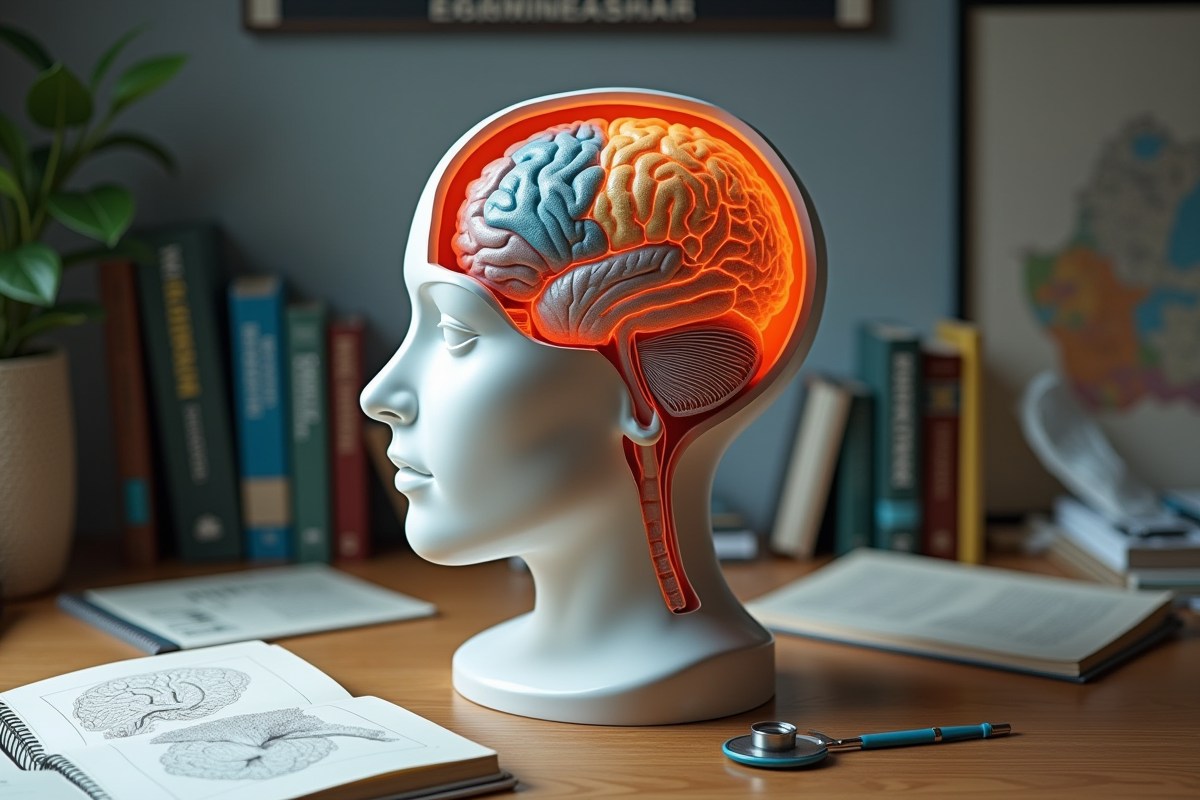 Sculpture de tete avec cerveau coloré sur bureau médical