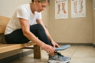 Femme insérant une semelle orthopédique pour épine calcanéenne dans une chaussure de sport dans un cabinet de kinésithérapie