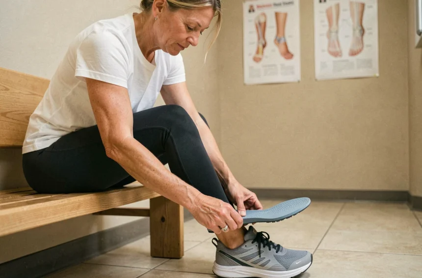 Femme insérant une semelle orthopédique pour épine calcanéenne dans une chaussure de sport dans un cabinet de kinésithérapie