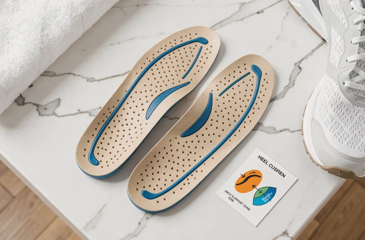 Semelles orthopédiques pour épine calcanéenne posées à plat sur marbre blanc à côté d'une chaussure de sport, vue de dessus en style éditorial