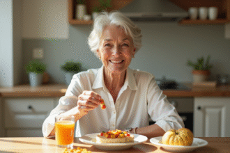 Femme senior souriante prenant vitamine B12 au petit déjeuner