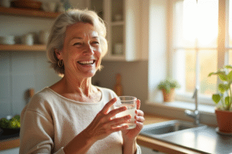 Seniore souriante tenant vitamine B6 dans la cuisine lumineuse
