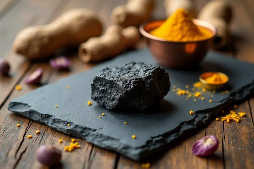 Morceau de shilajitpur posé sur une ardoise naturelle entouré de plantes ayurvédiques et de poudres dorées