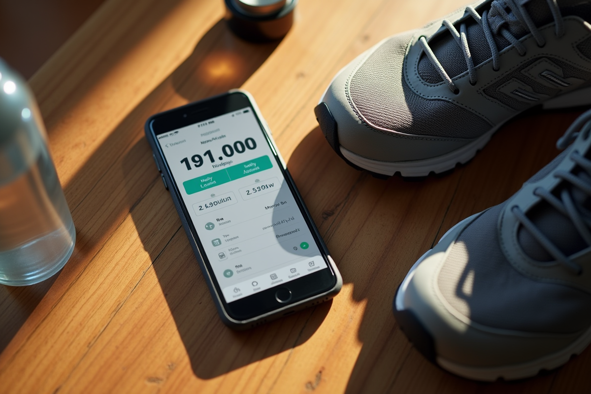 Smartphone avec application de santé et chaussures de marche