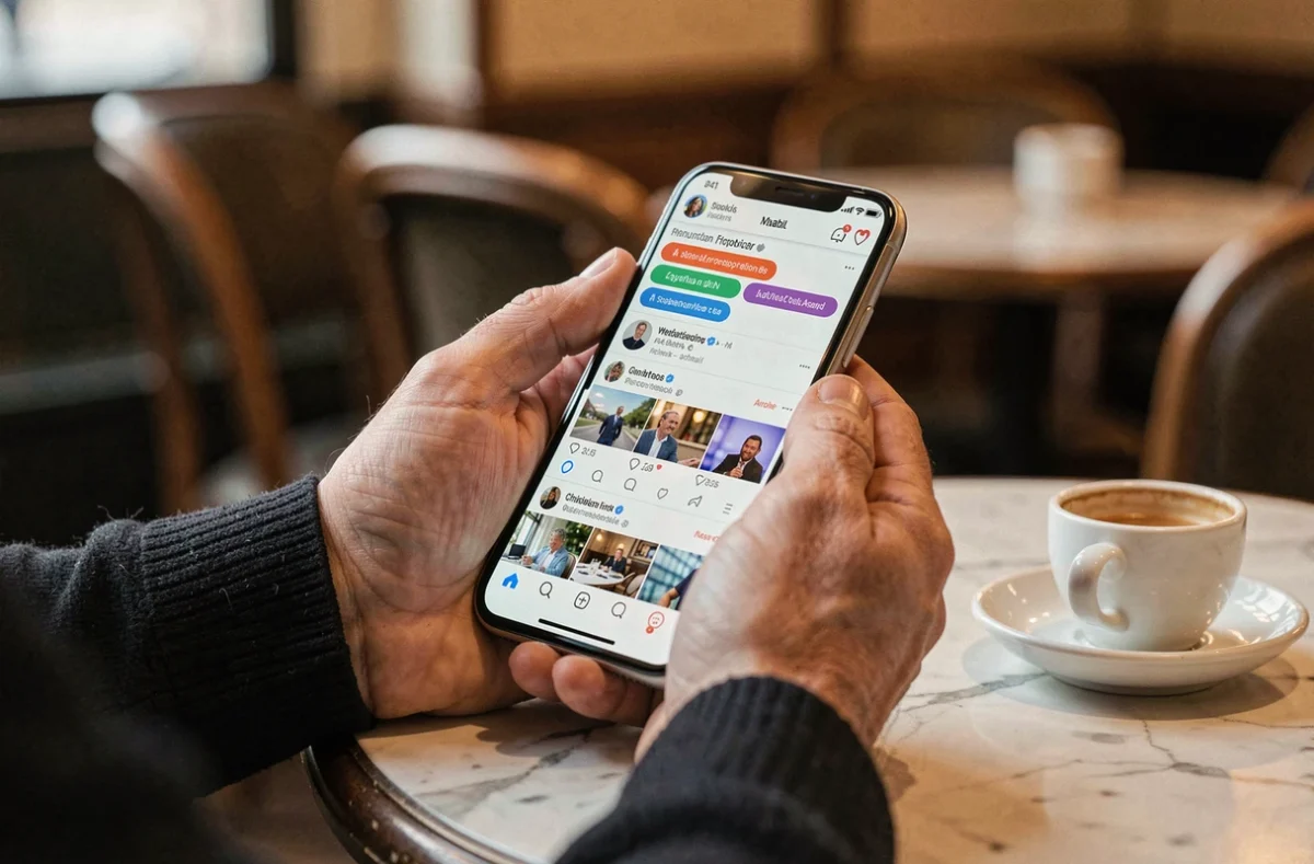 Mains tenant un smartphone affichant un fil d'actualité sur les réseaux sociaux dans un café parisien, illustrant la propagation de rumeurs en ligne