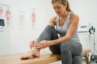 Femme appuyant sur son tendon d'Achille pour soulager une bursite du talon dans une clinique de physiothérapie
