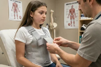Adolescente portant un corset orthopédique pour scoliose lors d'un rendez-vous de suivi chez un spécialiste qui ajuste les sangles