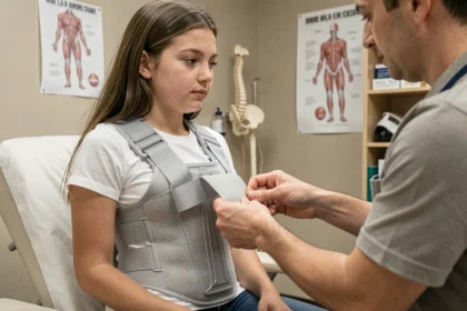 Adolescente portant un corset orthopédique pour scoliose lors d'un rendez-vous de suivi chez un spécialiste qui ajuste les sangles