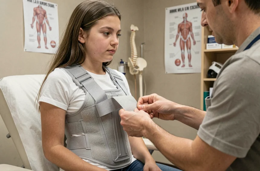Adolescente portant un corset orthopédique pour scoliose lors d'un rendez-vous de suivi chez un spécialiste qui ajuste les sangles