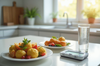 Table de cuisine avec balance et aliments sains lumineux