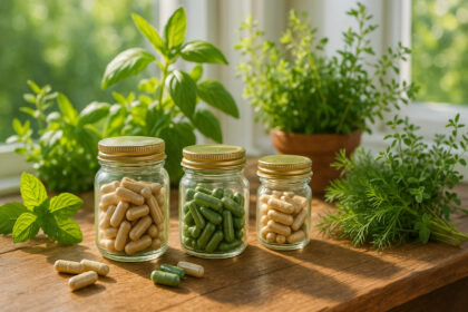 Photo hyperrealiste d'une table en bois avec des compléments naturels et plantes vertes