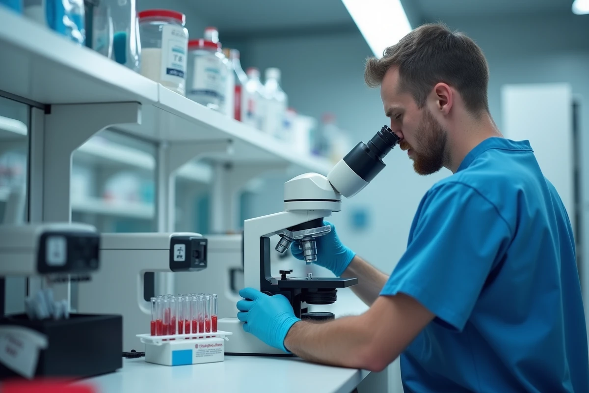 Technicien de laboratoire analysant un échantillon de sang pour mesurer le taux de monocytes après une infection
