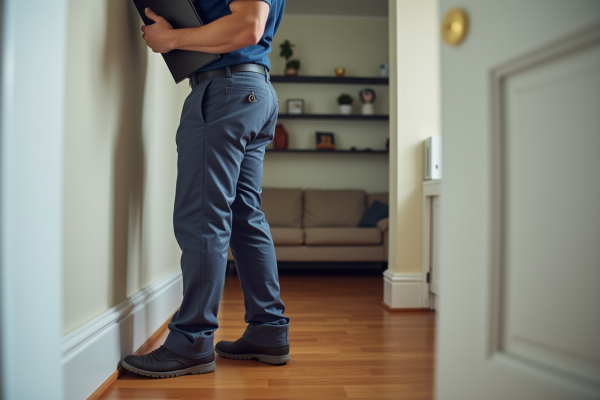 Technicien de lutte antiparasitaire inspecte un mur