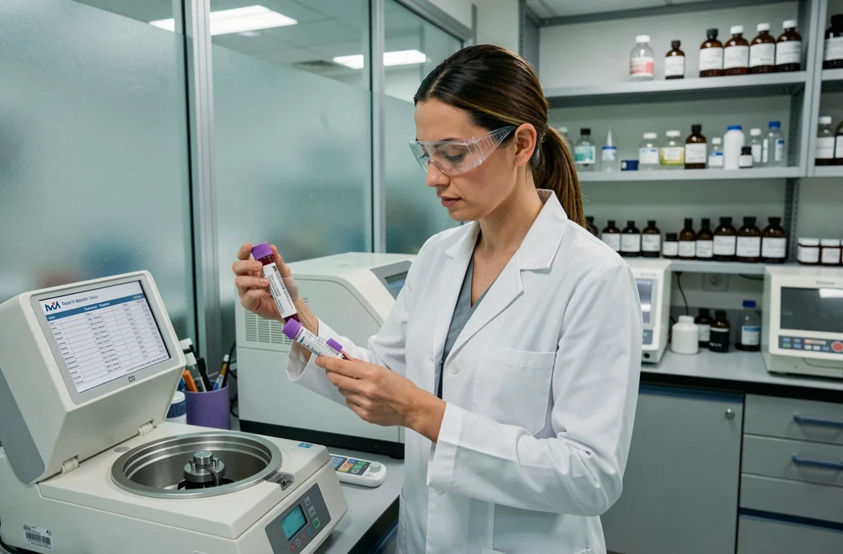 Technicienne de laboratoire analysant des tubes de sang pour le dosage de la CDT, marqueur biologique de consommation excessive d'alcool
