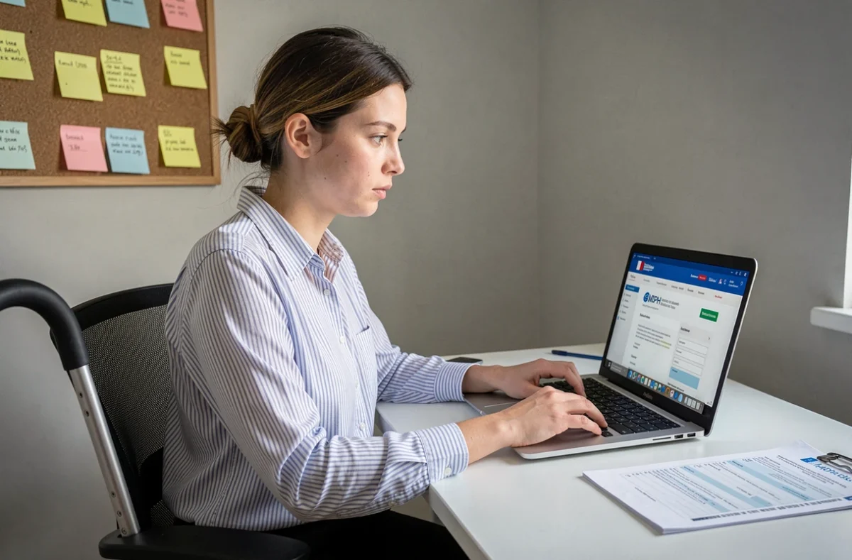 Jeune femme handicapée téléchargeant un dossier MDPH en ligne sur son ordinateur portable