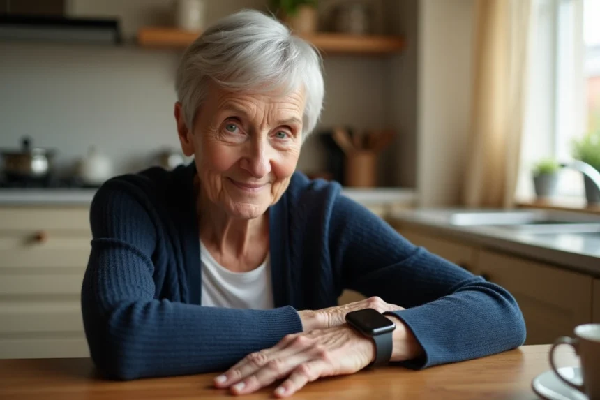 Senior femme regardant son tensiomètre connecté montre en cuisine le matin