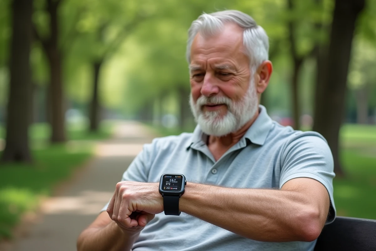 Homme senior lisant sa tension artérielle sur une montre connectée dans un parc