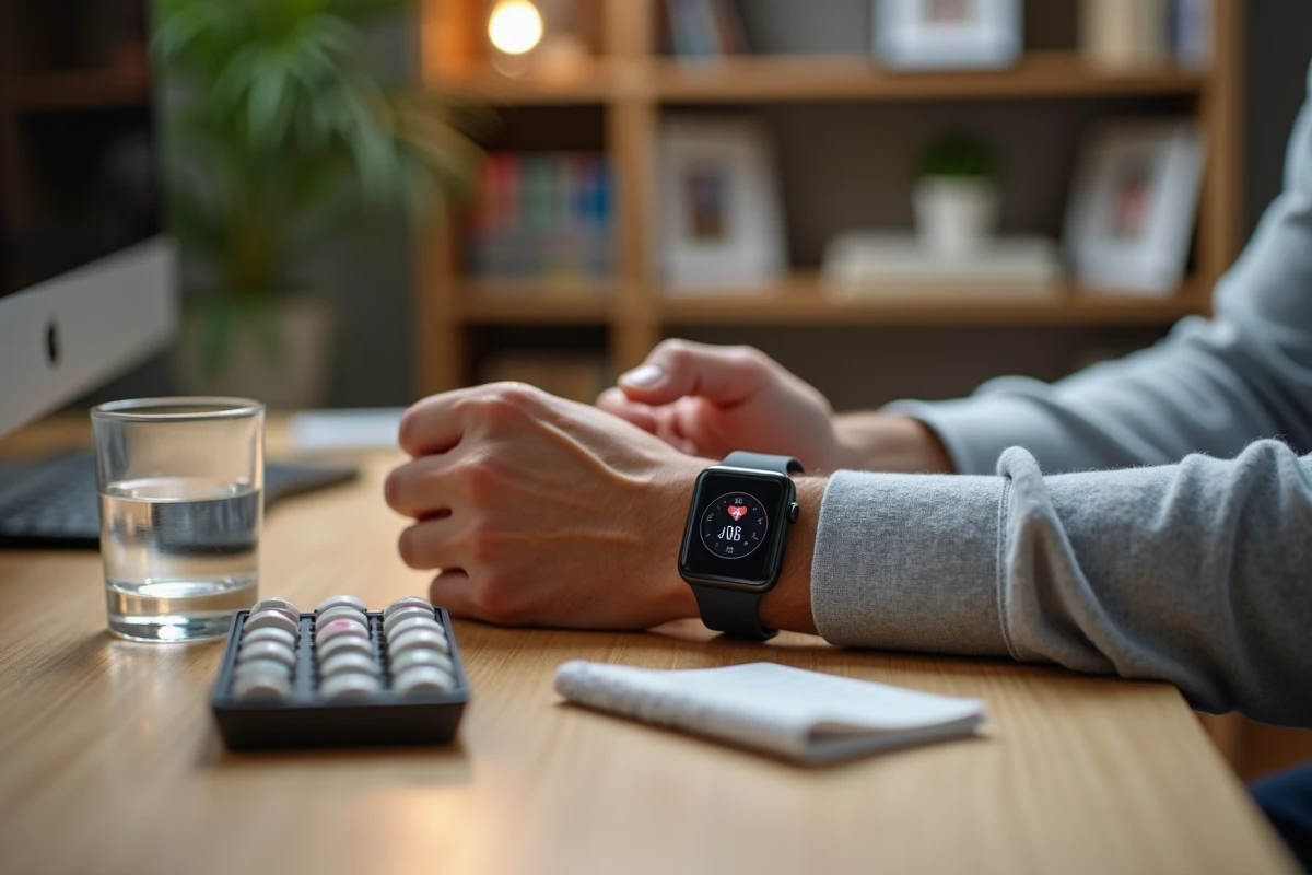 Gros plan mains de senior avec montre tensiomètre affichant la tension sur un bureau