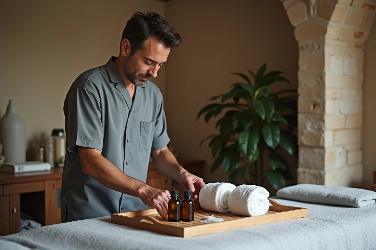 Thérapeute préparant une salle de massage bien-être un dimanche à Toulouse