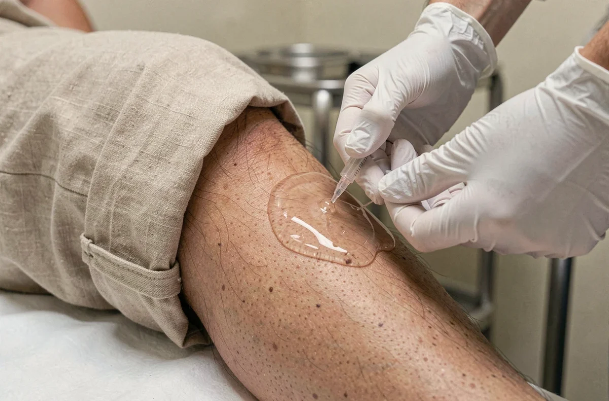 Application d'un gel thérapeutique sur le genou pour traiter les pattes d'oie par un professionnel de santé
