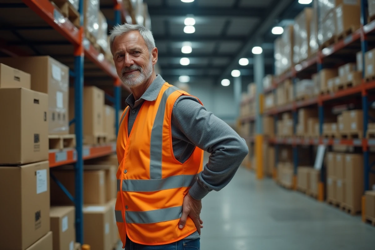 Ouvrier logistique en entrepôt tenant son bas du dos illustrant une lombalgie reconnue comme maladie professionnelle tableau 57