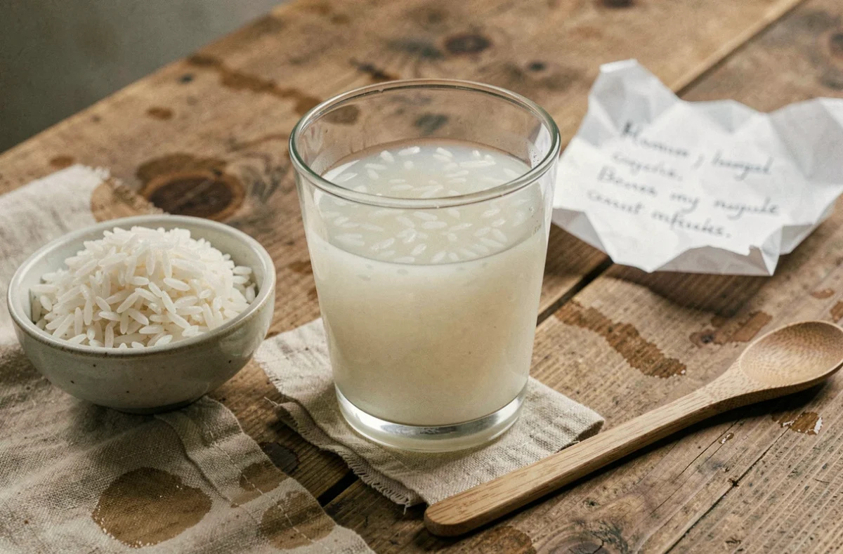 Verre d'eau de riz trouble posé sur une table en bois avec du riz cru et des notes manuscrites sur les erreurs à éviter