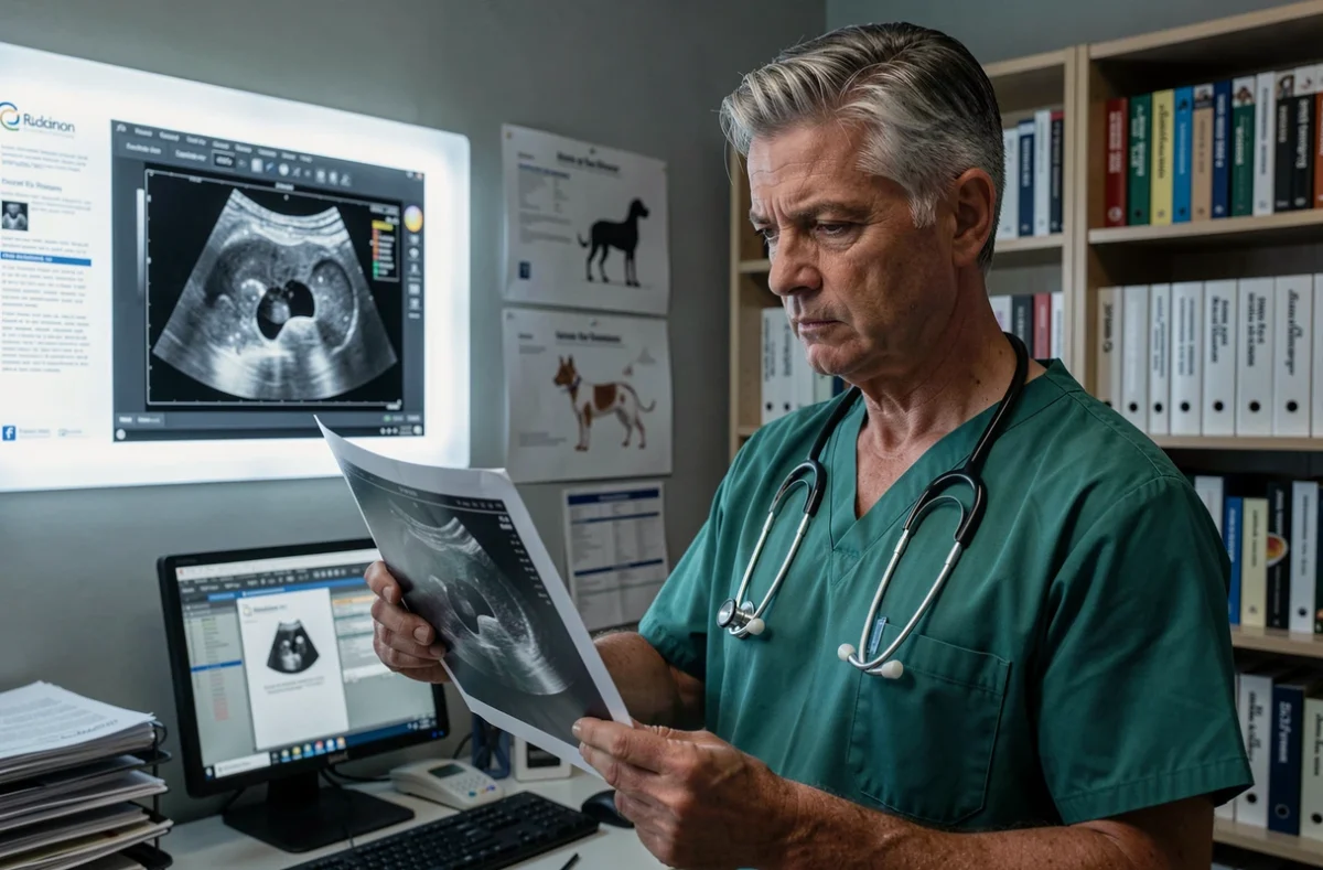 Vétérinaire analysant une échographie abdominale d'un chien pour diagnostiquer une tumeur de la rate