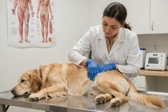 Vétérinaire examinant l'abdomen d'un golden retriever sur une table d'examen pour détecter une tumeur de la rate