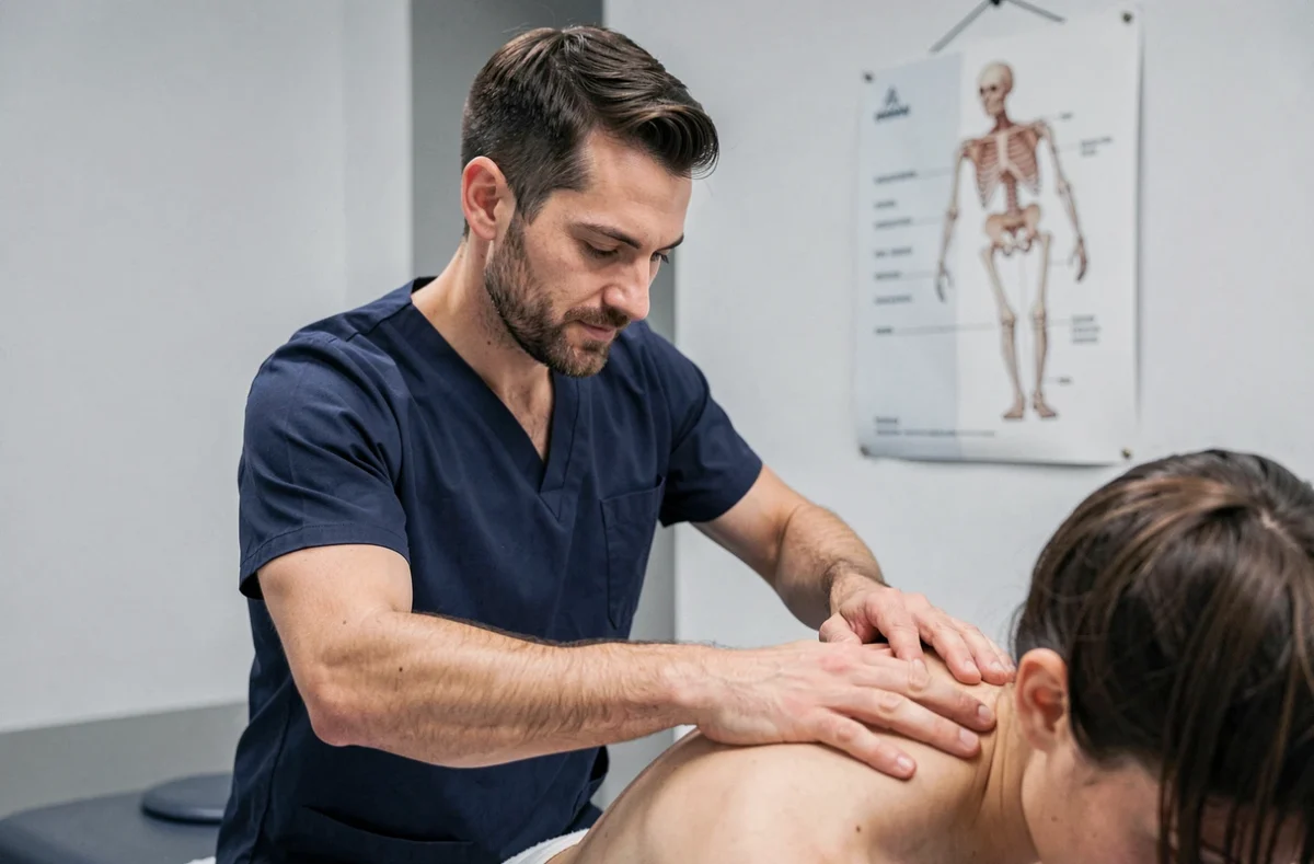 Victor Palacios Flores, kinésithérapeute à Sartrouville, réalisant un massage des tissus profonds sur le dos d'un patient dans un cabinet moderne