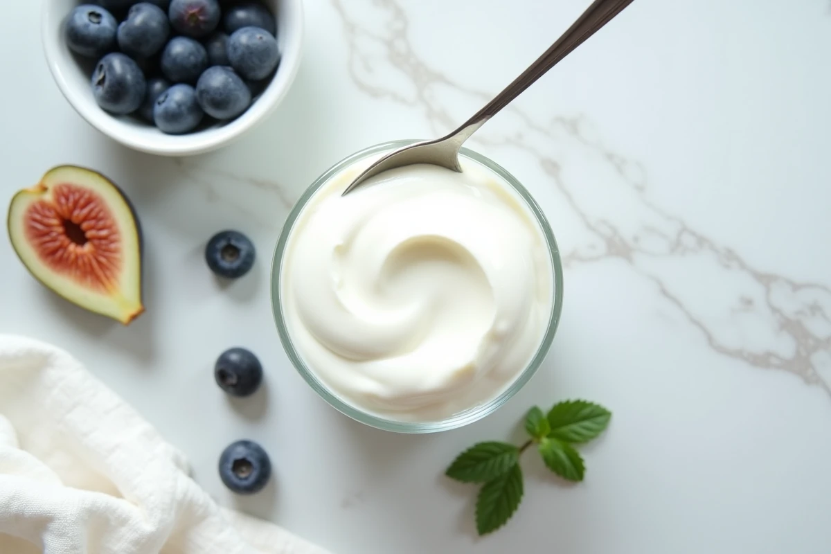 Yaourt probiotique présenté en flat-lay avec des fruits frais sur marbre, symbole de bien-être digestif